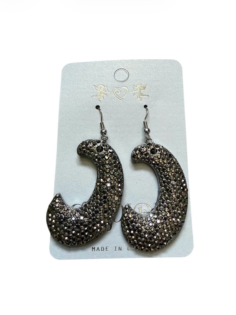 Silver Pavé Rhinestone Crescent Hoop Dangle Earrings